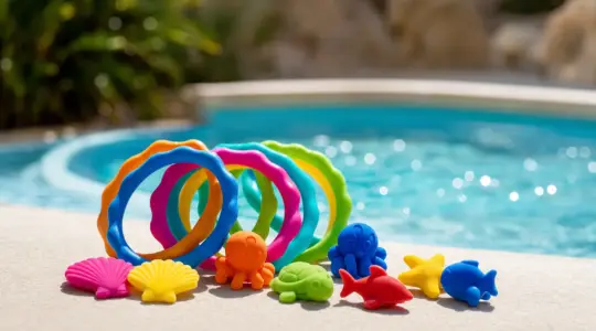 Buntes Tauchspielzeug für Kinder mit mehreren bunten Tauchringen und kleinen Tauchfiguren am sonnigen Rand eines Pools