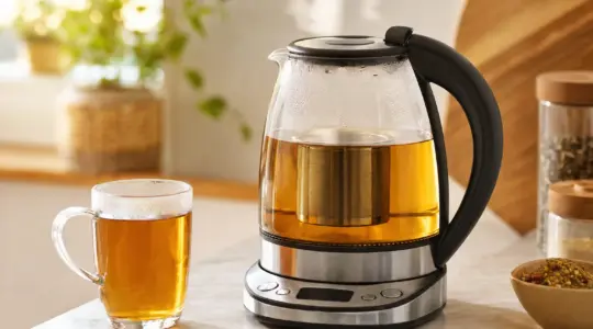 Ein Glas-Teekocher mit Teesieb und Tee steht auf einer Küchenarbeitsplatte