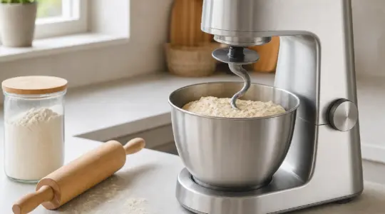 Eine Edelstahl-Küchenmaschine mit Knethaken und Teig steht auf einer Arbeitsplatte
