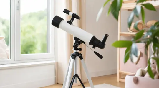 Ein kindgerechtes Teleskop auf einem Stativ steht in einem Kinderzimmer am Fenster