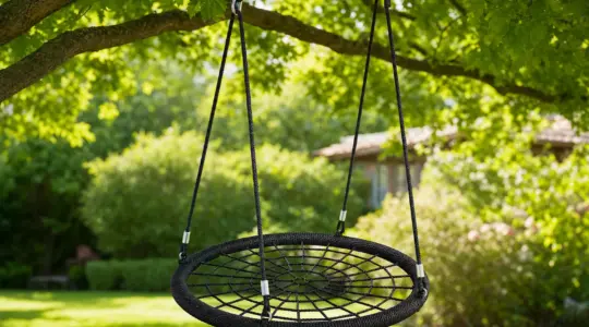 Eine runde Tellerschaukel aus stabilem Seilgeflecht, aufgehängt an einem Ast in einem grünen, sonnigen Garten, leicht schwingend