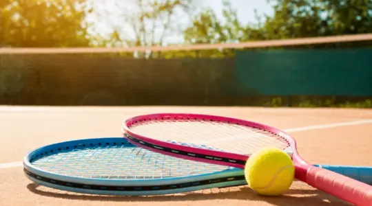 Zwei bunte Kinder-Tennisschläger und ein Tennisball auf einem Tennisplatz