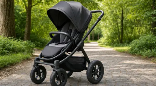 Ein robuster Kinderwagen mit großen Rädern steht startbereit auf einem Weg