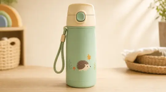 Eine isolierte Kinder-Trinkflasche aus Edelstahl mit Trageschlaufe auf einer Holzfläche