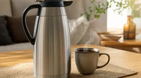 Eine Edelstahl-Thermoskanne steht mit einer Tasse Kaffee auf einem Holztisch