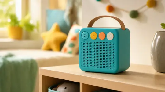 Eine kompakte, robuste Hörbox für Kinder in fröhlicher Farbe steht auf einem Regal in einem hellen Kinderzimmer