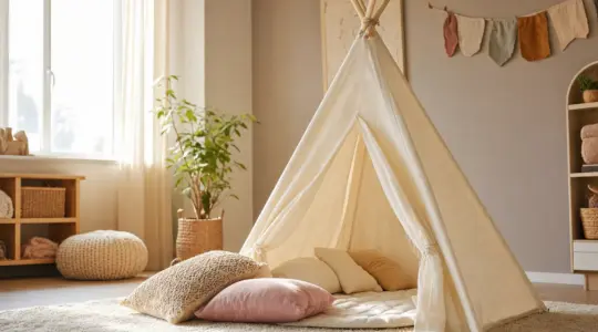 Ein helles Tipi-Spielzelt aus Stoff mit Holzstangen in einer gemütlichen Kinderzimmerecke