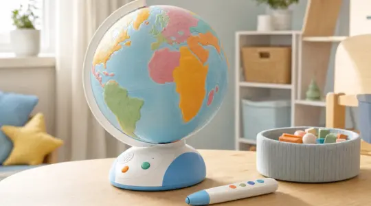 Ein interaktiver Kinderglobus mit Stift steht auf einem hellen Tisch im Kinderzimmer bereit