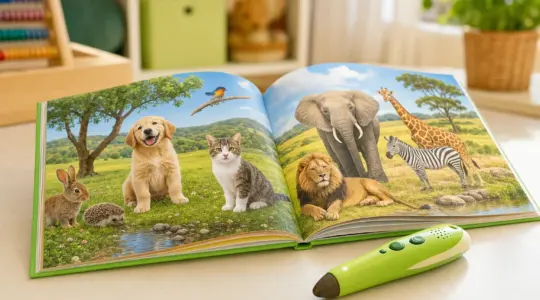 Ein interaktiver Lernstift und ein passendes Buch für Kinder liegen auf einer hellen Fläche bereit