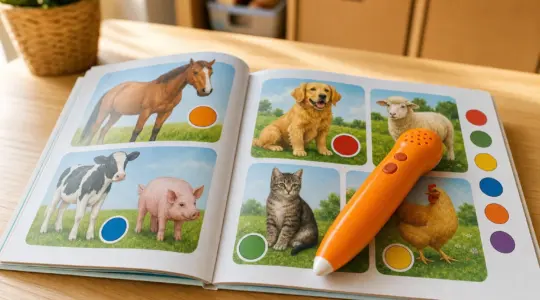 Ein interaktiver Lernstift liegt auf einem aufgeschlagenen bunten Kinderbuch auf einem hellen Tisch bereit