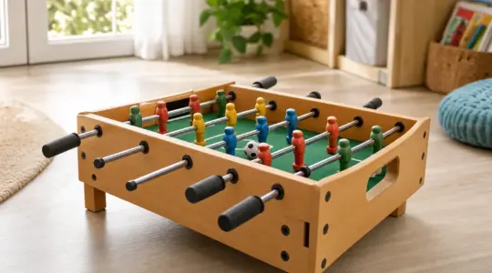 Ein Tischkicker für Kinder aus Holz mit bunten Spielfiguren und einem Ball auf dem Spielfeld