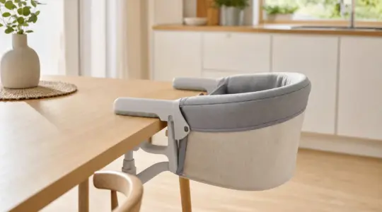 Ein an einer Tischplatte montierter Baby-Tischsitz an einem Esstisch