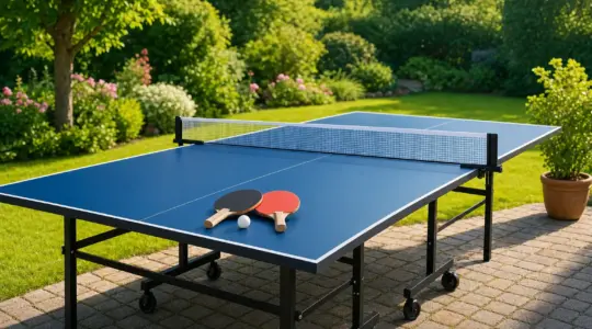 Eine stabile Tischtennisplatte mit Netz steht aufgeklappt und einsatzbereit auf einer sonnigen Terrasse im Garten