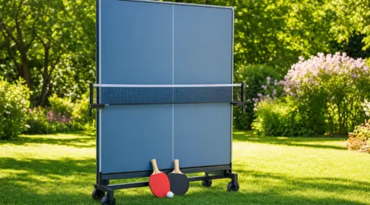Eine aufgestellte Tischtennisplatte mit Netz und Schlägern in einem Garten