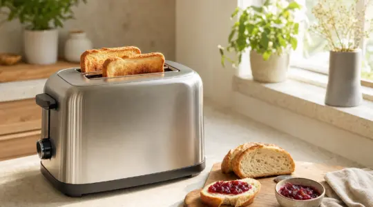 Ein Edelstahl-Toaster mit goldbraunem Toast steht auf einer Küchenarbeitsplatte