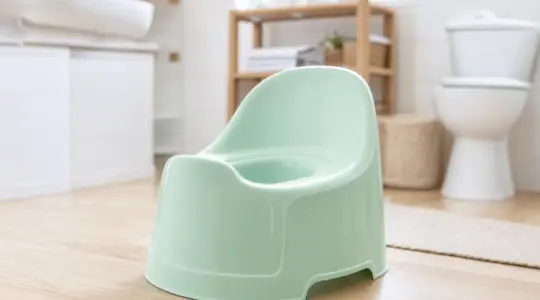 Kindgerechtes Töpfchen aus Kunststoff in Mintgrün mit ergonomischer Form und Rückenlehne auf einem hellen Holzboden im Badezimmer