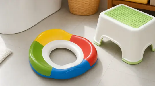 Ein bunter kindgerechter Toilettensitz-Aufsatz auf einem Badezimmerboden