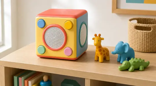 Eine kindgerechte Audiobox mit Spielfiguren steht auf einem hellen Regal im Kinderzimmer bereit