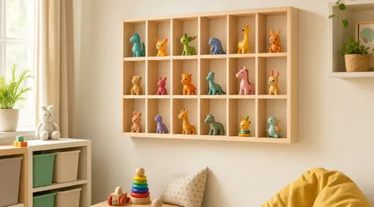 Ein Wandregal mit kleinen Fächern für Hörfiguren hängt im Kinderzimmer bereit