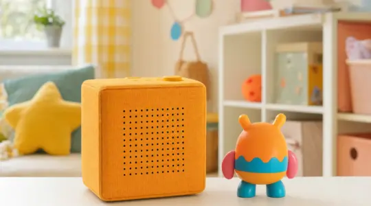 Eine würfelförmige Audiobox mit einer kleinen Hörfigur steht auf einer hellen Fläche bereit