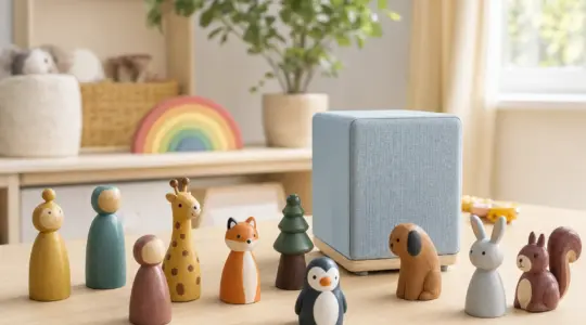 Mehrere bunte Hörfiguren stehen neben einem würfelförmigen Lautsprecher
