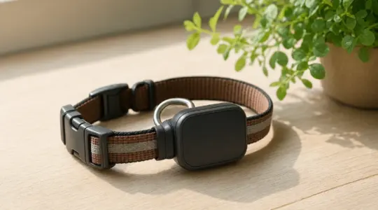 Ein kleiner GPS-Tracker ist an einem Hundehalsband befestigt