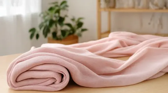 Ein langes weiches Babytragetuch aus Stoff in zartem Pastellton, locker und dekorativ drapiert und teils gefaltet auf einem hellen Holztisch
