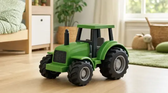 Ein grüner Spielzeug-Traktor aus Kunststoff in einem Kinderzimmer