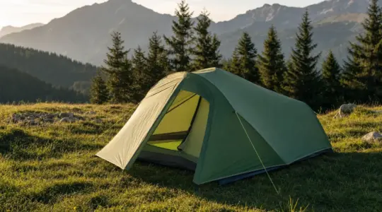 Ein kompaktes Trekkingzelt steht aufgebaut auf einer Wiese in den Bergen