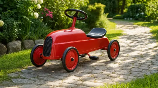 Ein rotes Kinder-Tretauto mit Pedalen steht auf einem Weg im Garten