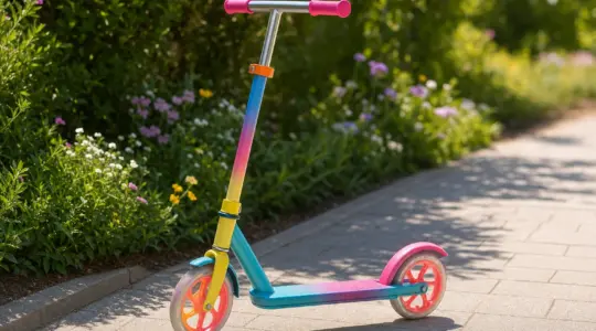Ein bunter Kinder-Tretroller mit zwei Rädern und Lenker auf einem Gehweg
