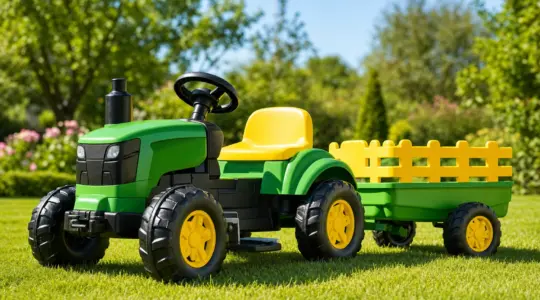 Ein robuster, farbenfroher Trettraktor für Kinder steht einsatzbereit auf einer sonnigen Rasenfläche im Garten
