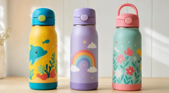 Drei bunte Kinder-Trinkflaschen aus Edelstahl und Kunststoff stehen nebeneinander