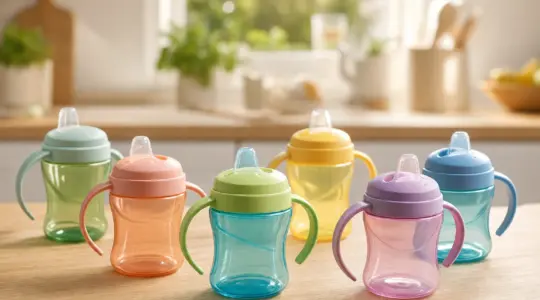 Mehrere bunte Kinder-Trinklernbecher mit Henkeln und Trinkaufsätzen auf einem hellen Holztisch in einer Küche