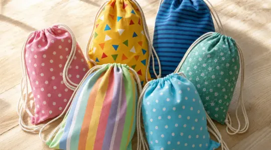 Mehrere bunte Kinder-Turnbeutel aus Stoff mit Kordelzug auf einer Holzfläche