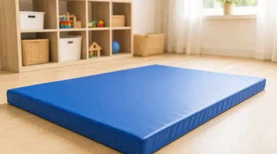 Eine dicke blaue gepolsterte Turnmatte liegt ausgerollt auf dem Boden in einem hellen Kinderzimmer