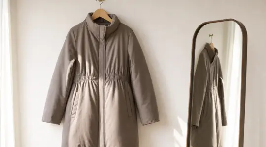 Eine Umstandsjacke in gedecktem Farbton hängt auf einem Holzbügel an einer hellen Wand
