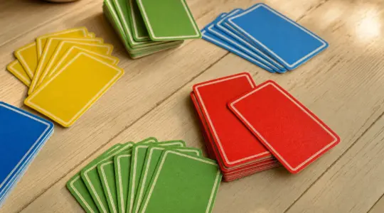 Bunte Spielkarten eines Kartenspiels liegen aufgefächert auf einem hellen Tisch bereit zum Spielen