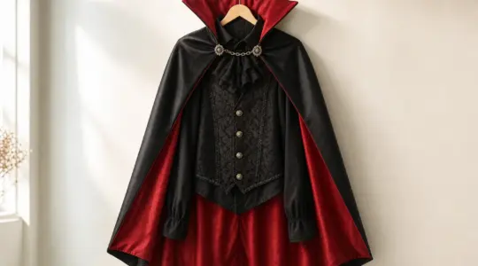 Ein Vampirkostüm für Kinder mit Umhang hängt bereit vor einem hellen Hintergrund