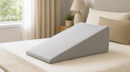 Ein keilförmiges Venenkissen mit hellgrauem Bezug liegt auf einem Bett zum Hochlagern der Beine