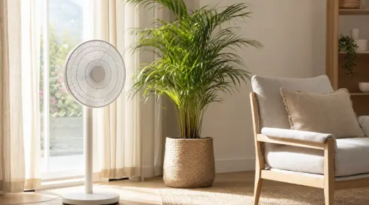 Ein weißer Standventilator steht in einem hellen Wohnraum neben einer Zimmerpflanze