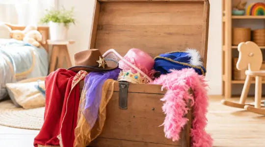 Offene hölzerne Truhe gefüllt mit bunten Verkleidungssachen wie Hüten, Tüchern, Umhang und Krone in einem hellen Kinderzimmer