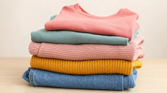 Mehrere bunte Kinderkleidungsstücke liegen ordentlich gefaltet auf einer hellen Fläche bereit