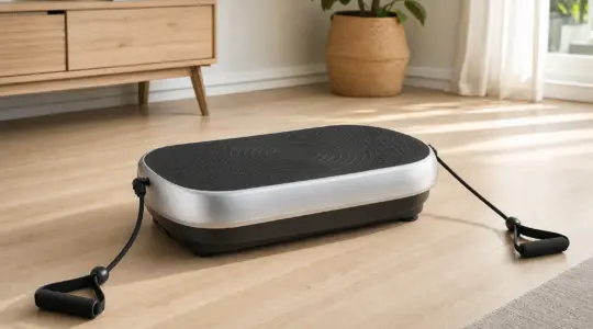 Eine moderne Fitness-Vibrationsplatte mit Trainingsbändern in einem hellen Wohnraum