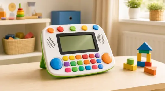 Buntes elektronisches Lernspielzeug für Kinder mit Tasten und Bildschirm steht auf einem hellen Tisch bereit