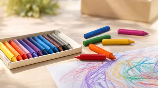 Set bunter dicker Wachsmalstifte für Kinder, teils aufgereiht und teils verstreut, auf einem hellen Holztisch