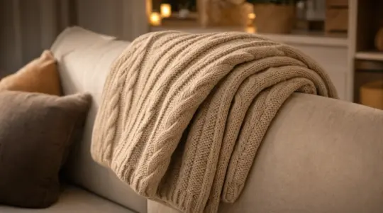 Eine weiche Wärmedecke in Strickoptik über der Lehne eines hellen Sofas
