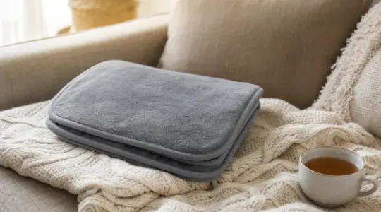 Ein weiches graues Wärmekissen auf einer Strickdecke auf einem gemütlichen Sofa