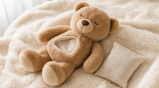 Ein weiches Plüschtier mit herausnehmbarem Körnerkissen liegt auf einer flauschigen Babydecke