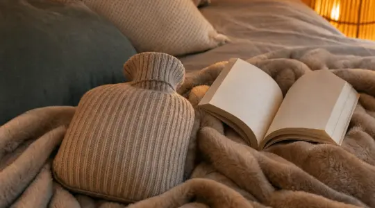 Eine Wärmflasche mit gestricktem Bezug liegt auf einer flauschigen Decke auf einem Bett